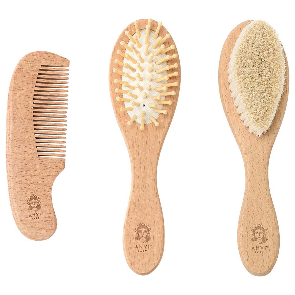 Anvi Baby - 100% Natural Baby Wooden Hair Brush Set Of 3