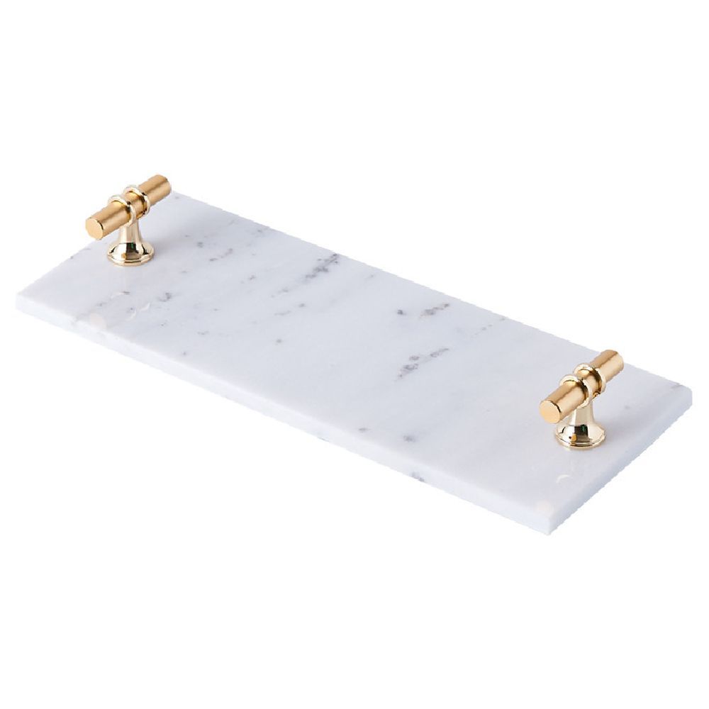 1Chase - Rectangular Marble Tray w/ "T" Shape Golden Handles - White