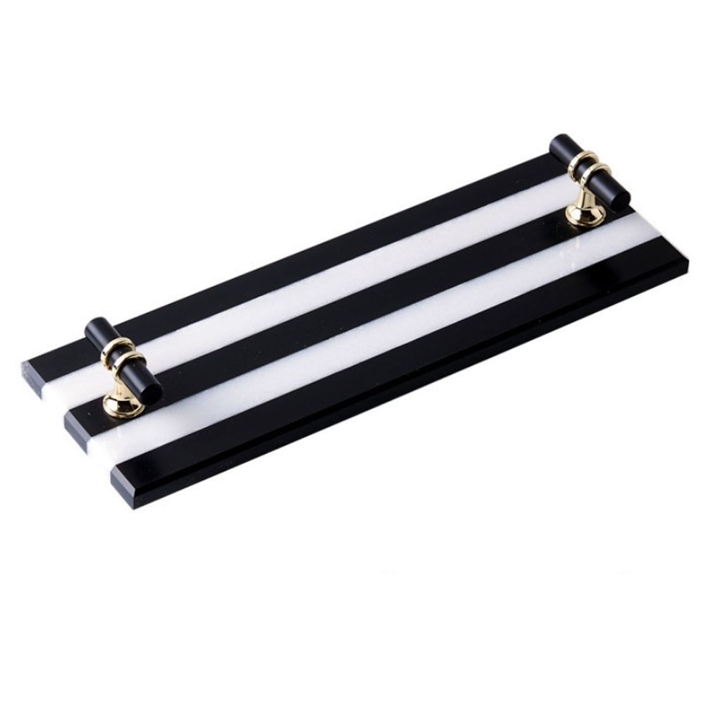 1CHASE - Black And White Stripe Natural Marble Tray With Black And Gold Handle