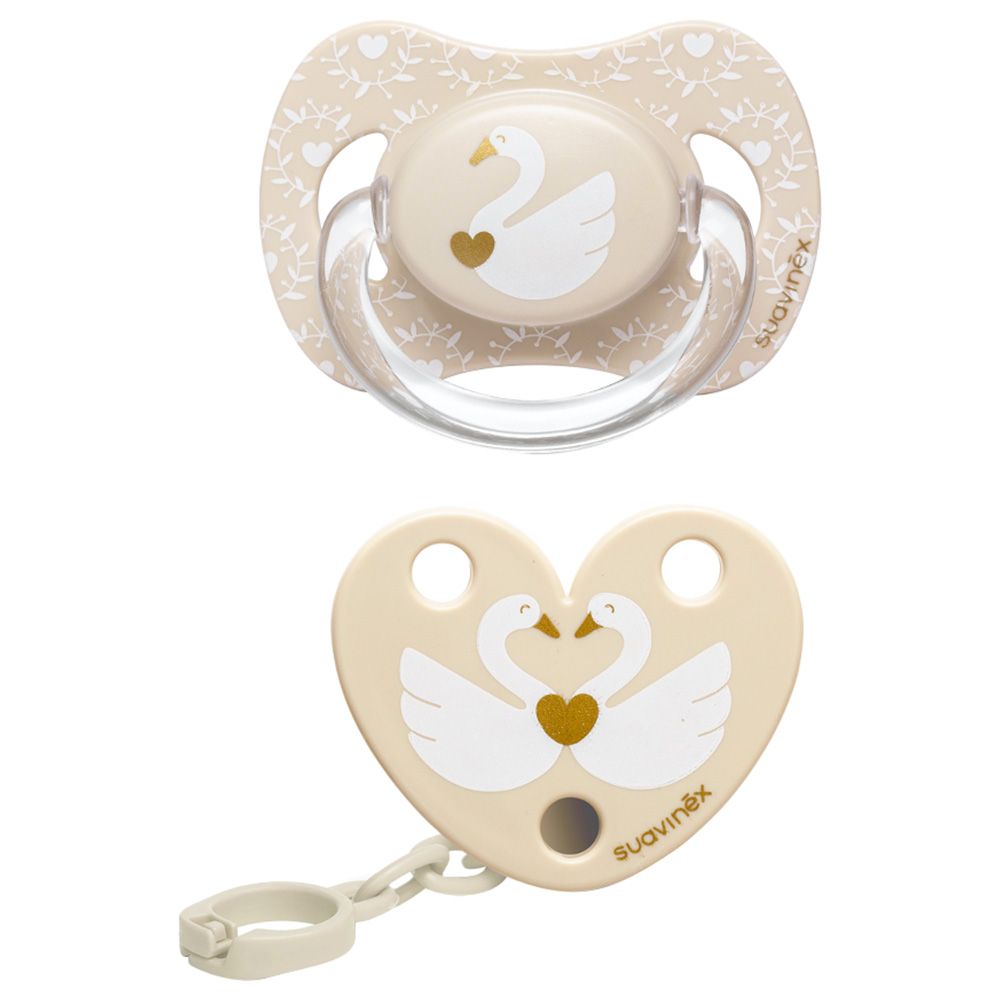 Suavinex - Swan Silicone Soother + Clip - Beige