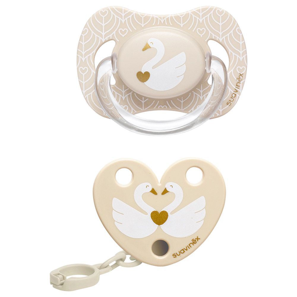 Suavinex - Beige Swan Silicone Soother + Clip