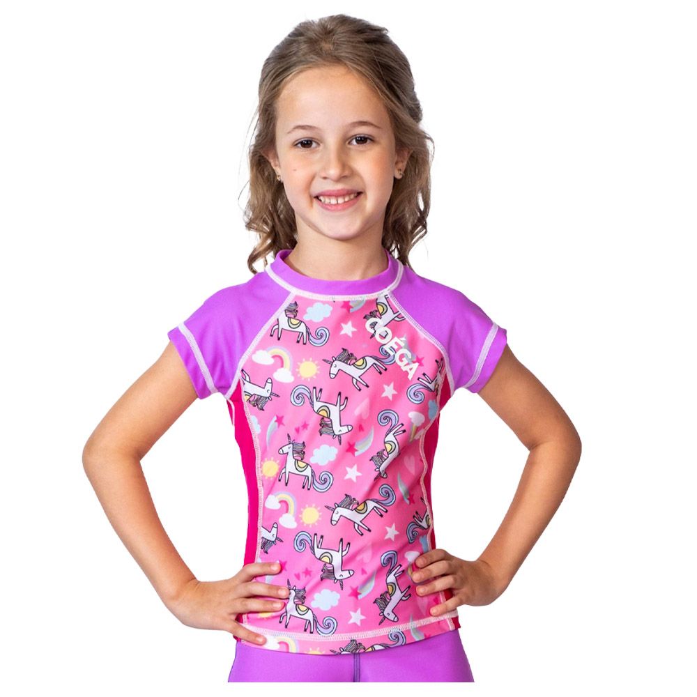 Coega Sunwear - Girls Kids Cap Sleeves Rashguard - Purple Rainbow