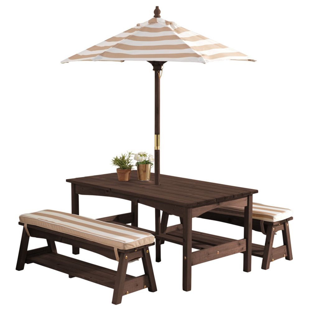 Kidkraft - Outdoor Umbrella Table/Bench Set - Oatmeal & White Stripe