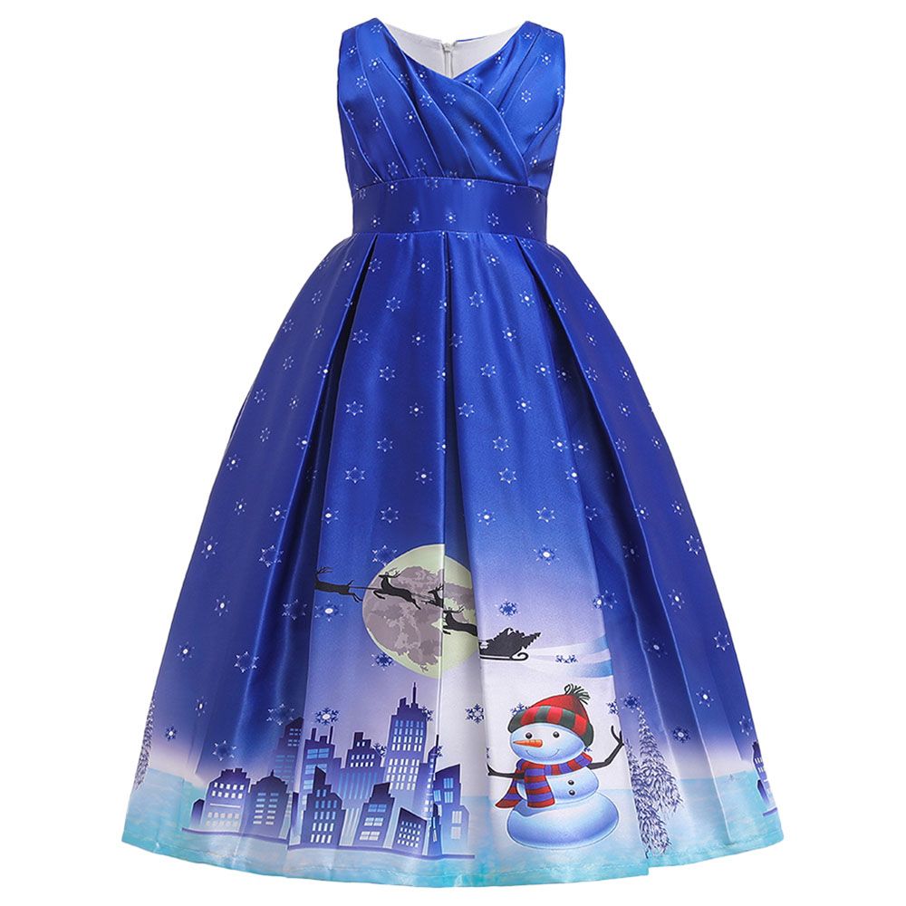 D'Daniela - Christmas Printed Santa Dress - Royal Blue