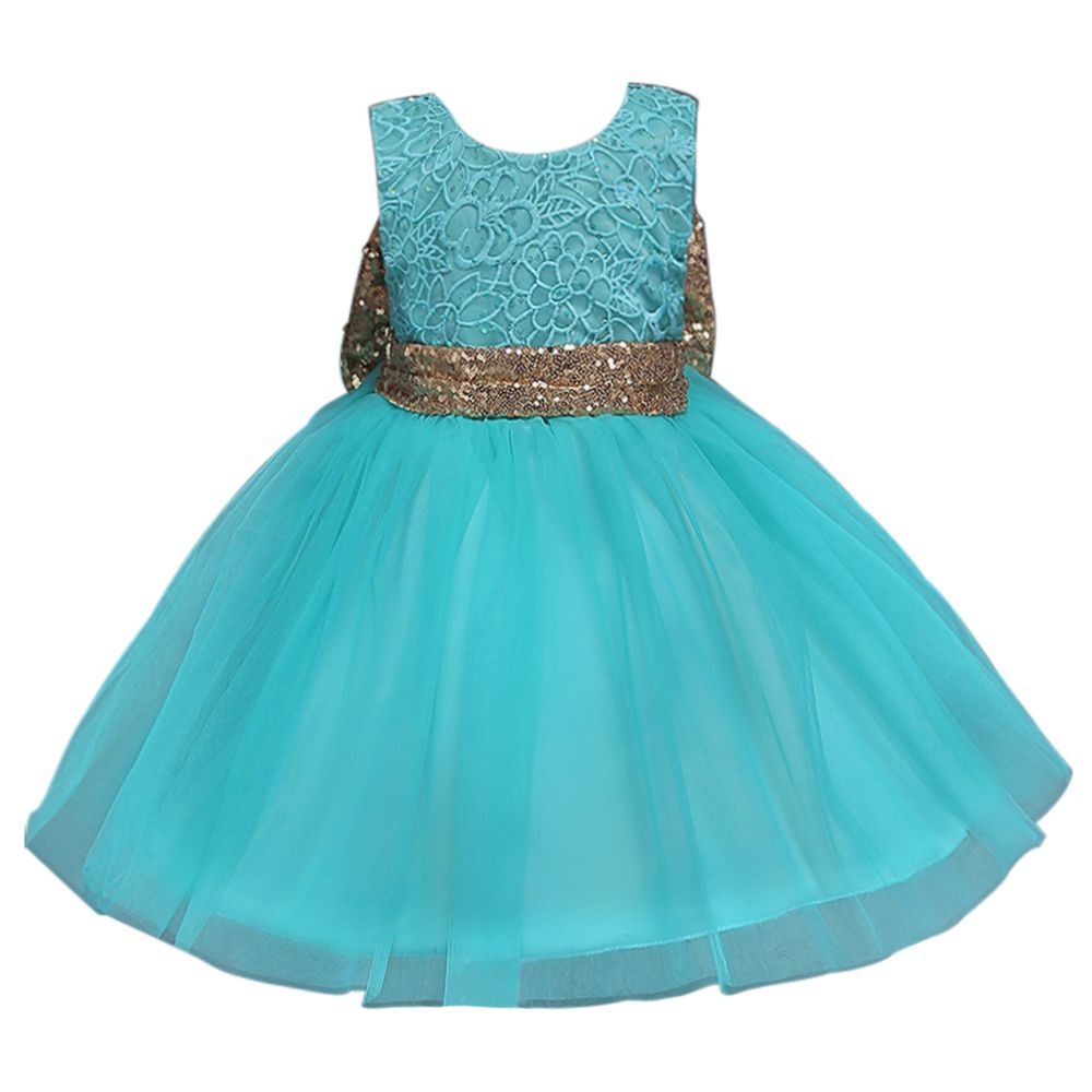 D' Daniela - Beaded Floral Lace Bow Flower Dress - Aquamarine