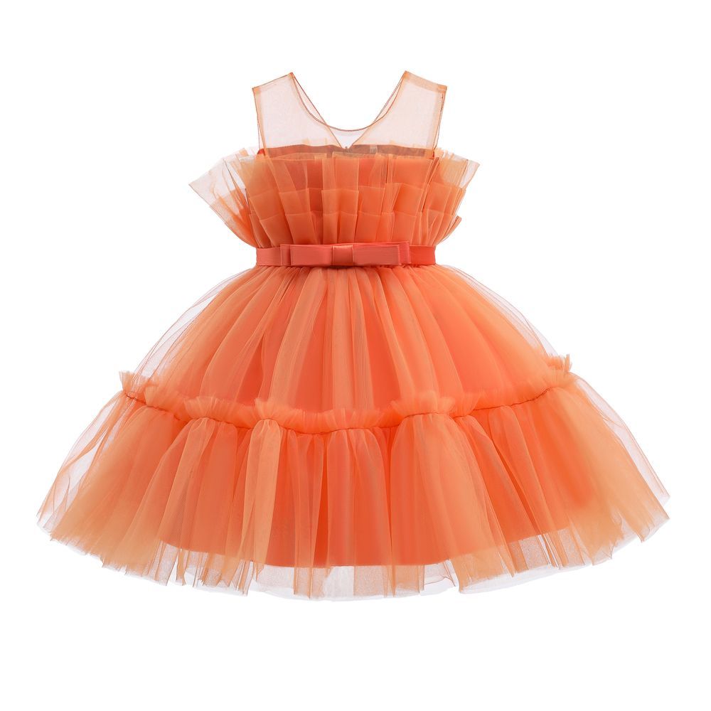 D' Daniela - Toddler Girls Bow Front Mesh Gown - Orange