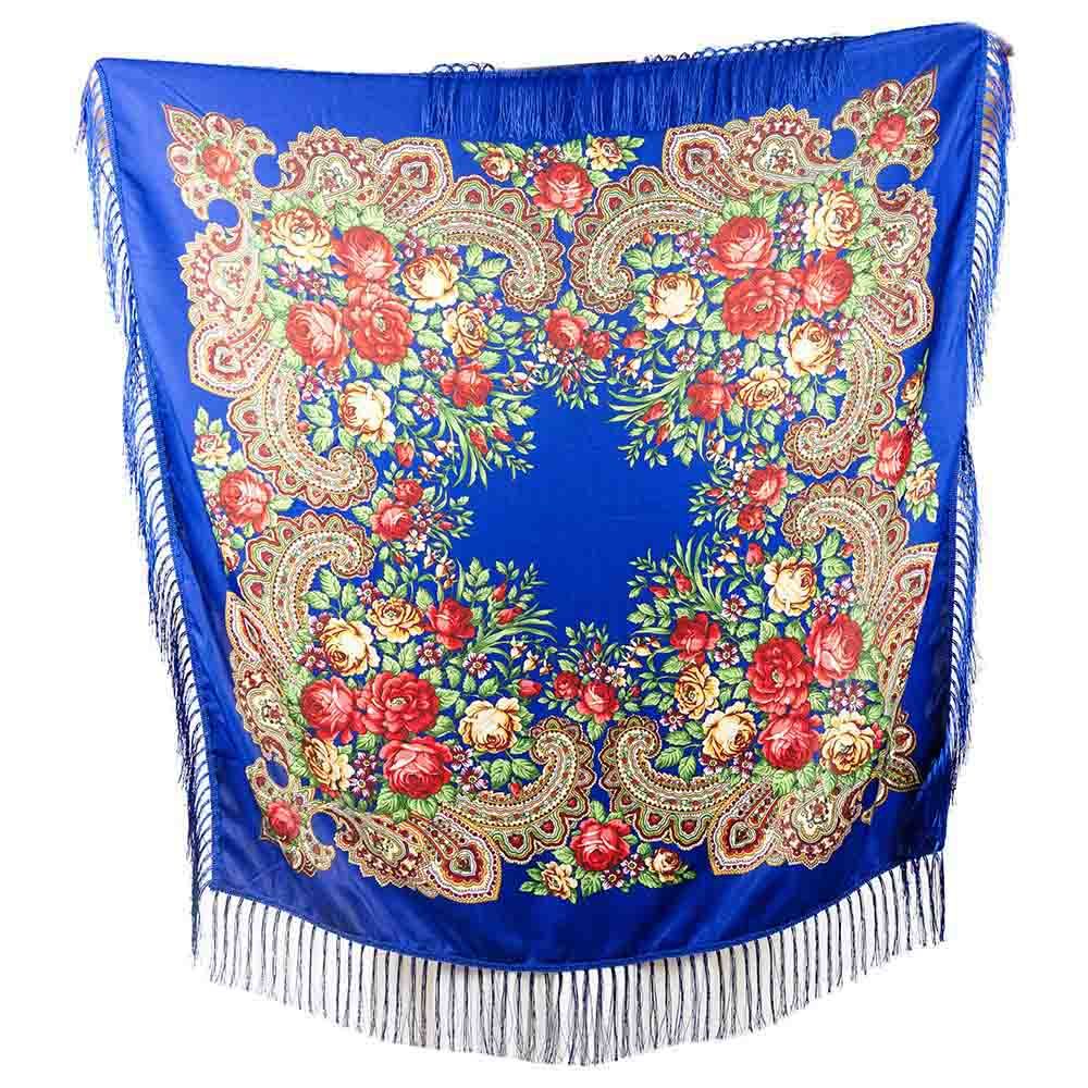 D' Daniela - Traditional Print Shawl - L - Blue W/ Gold