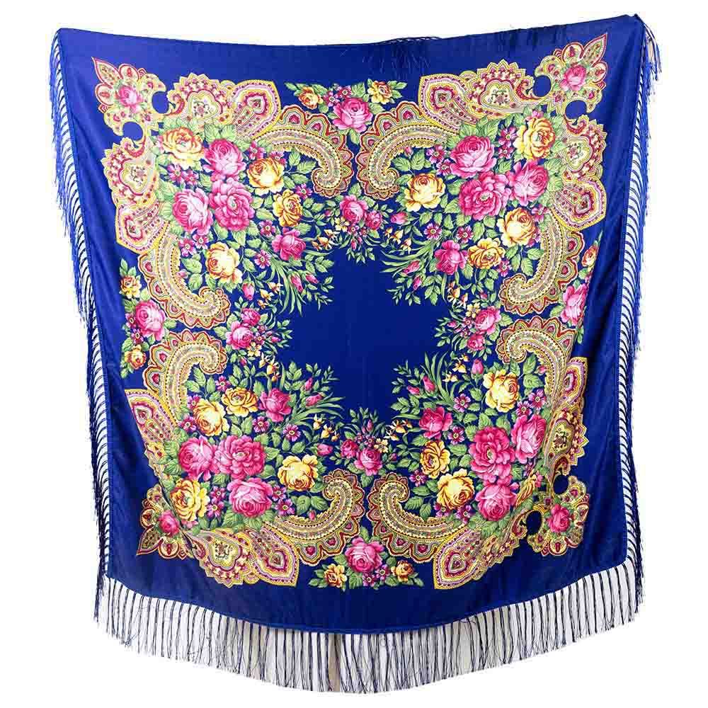 D' Daniela - Traditional Print Shawl - L - Dark Blue W/ Gold