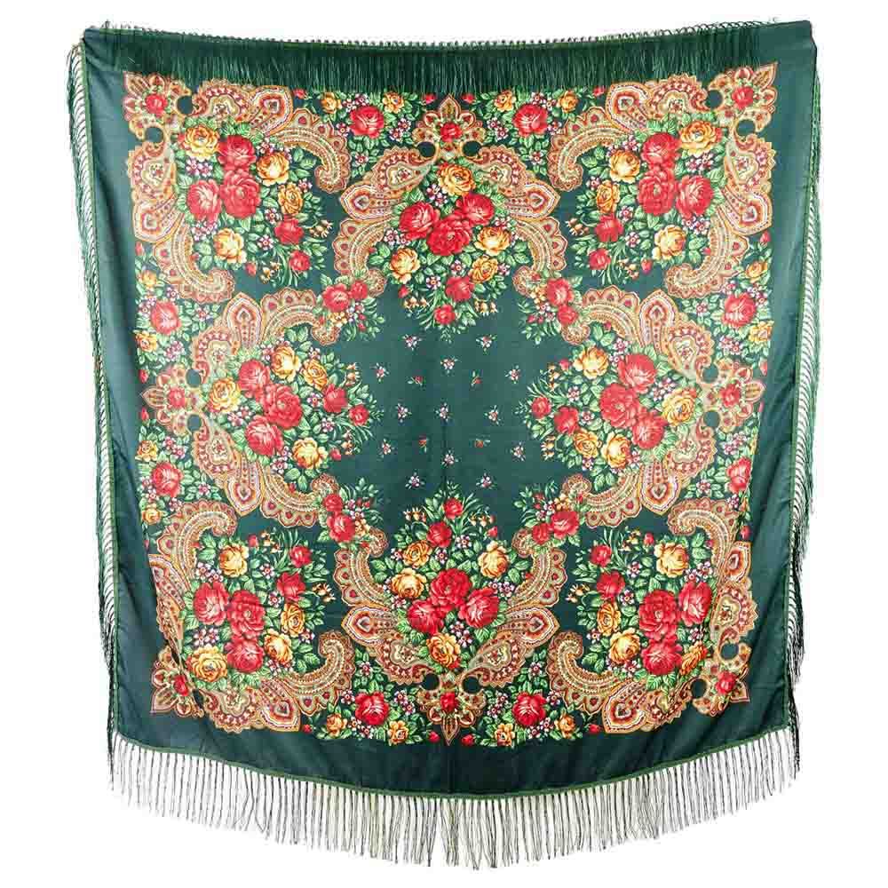 D' Daniela - Traditional Print Shawl - L - Dark Green W/ Gold