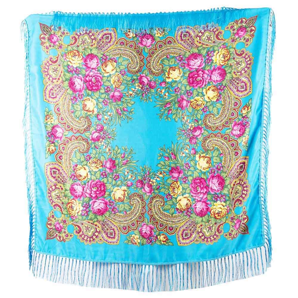 D' Daniela - Traditional Print Shawl - L - Light Blue W/ Gold