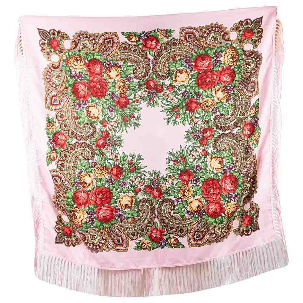 D' Daniela - Traditional Print Shawl - L - Light Pink W/ Gold