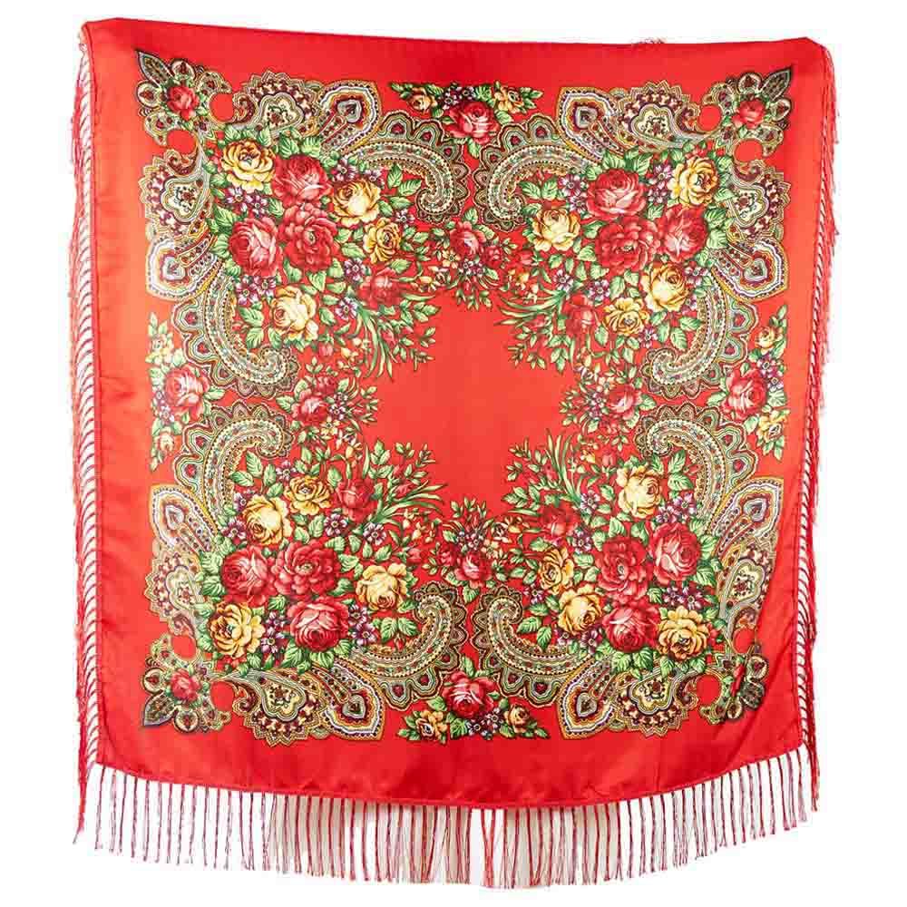 D' Daniela - Traditional Print Shawl - L - Red W/ Gold and Grey