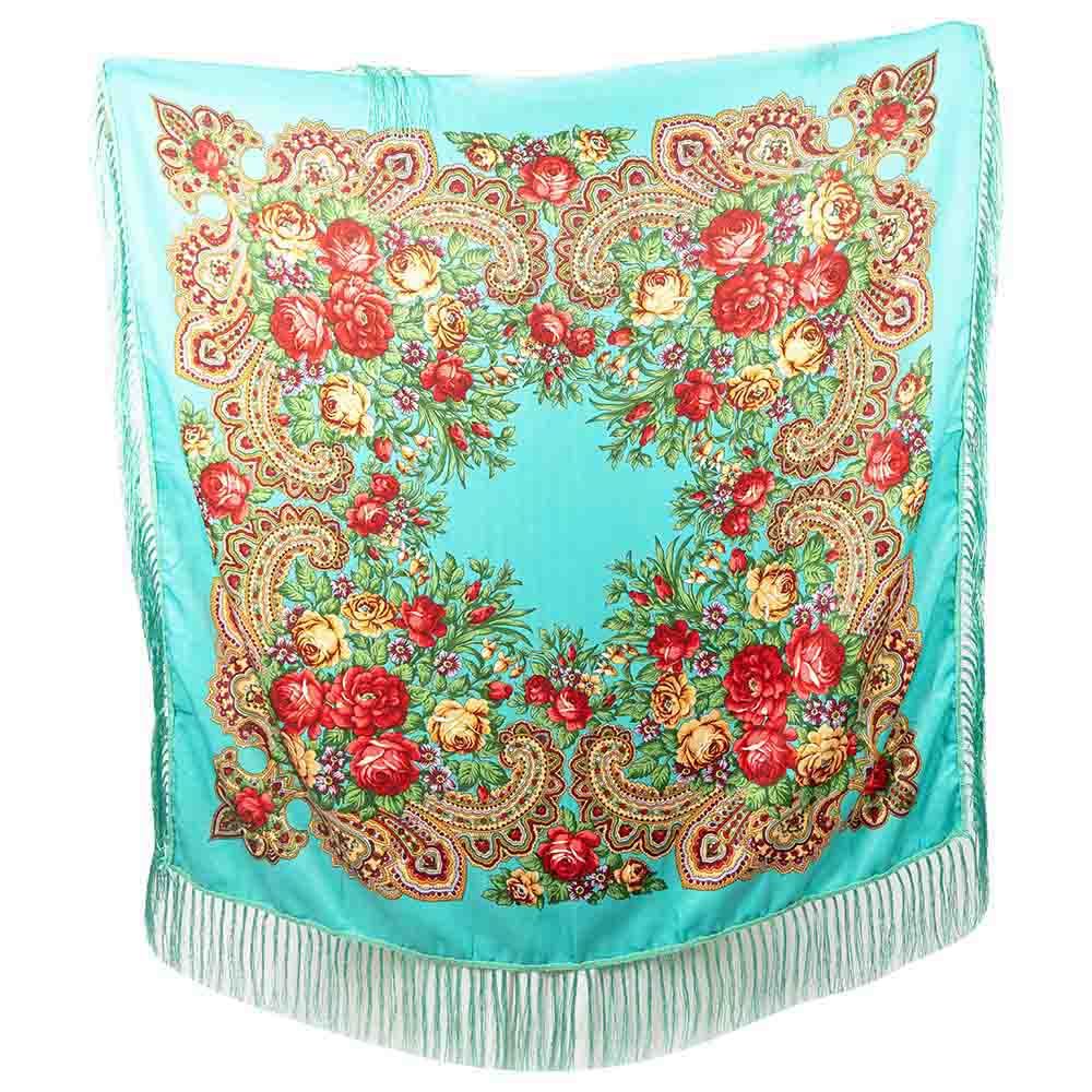 D' Daniela - Traditional Print Shawl - L - Turquoise W/ Gold