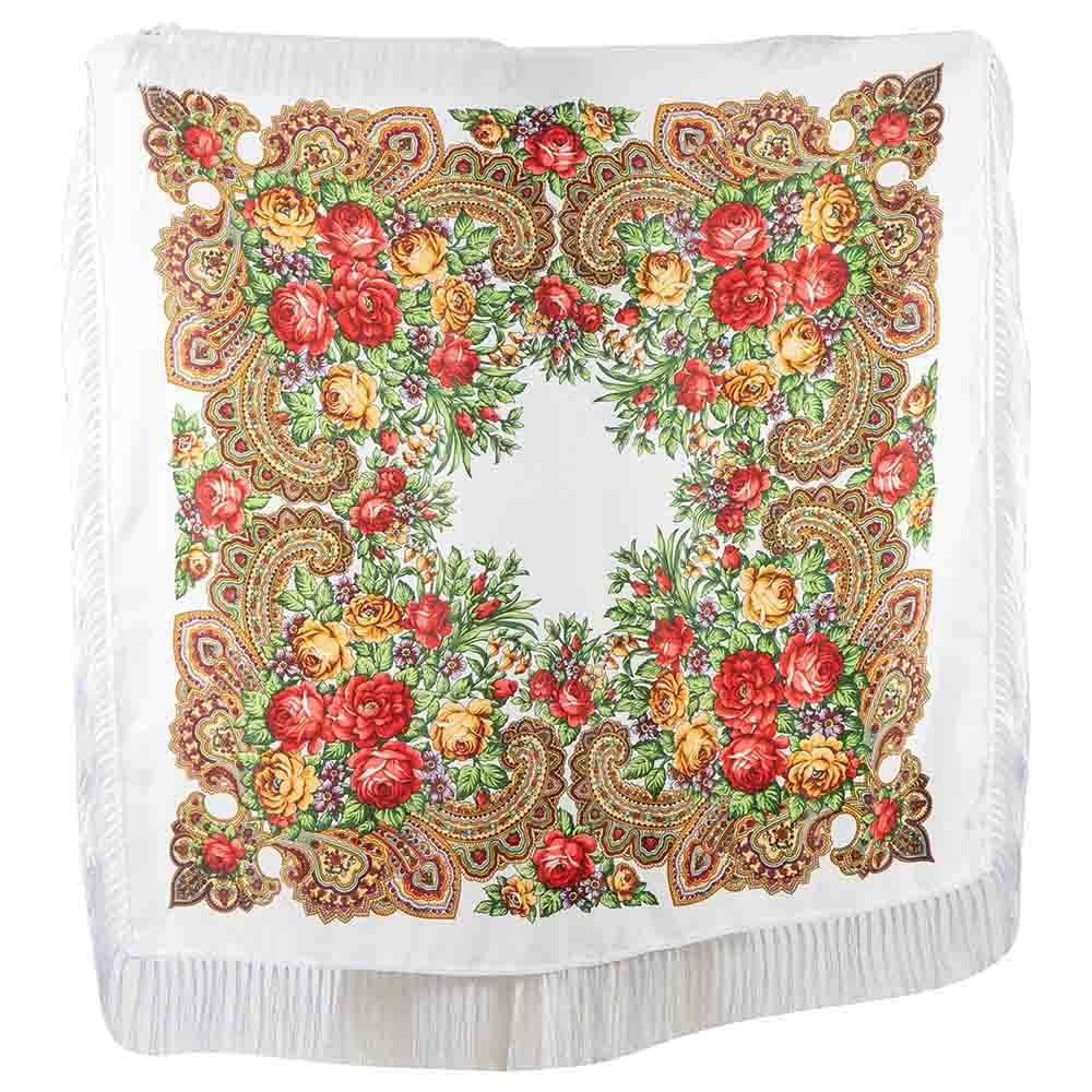 D' Daniela - Traditional Print Shawl - L - White W/ Gold