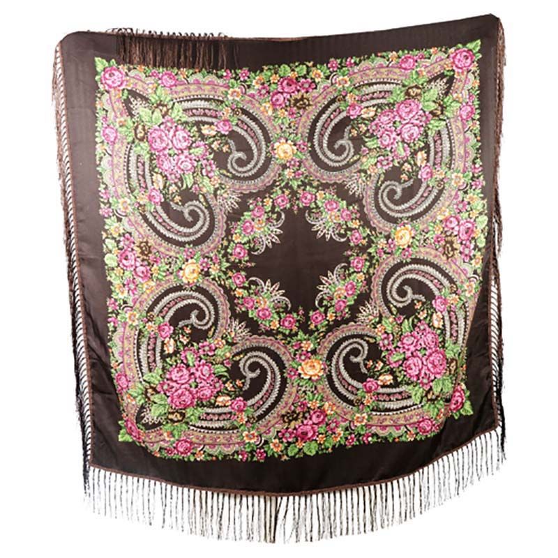 D' Daniela - Traditional Print Shawl - M - Brown W/ Pink Flowers