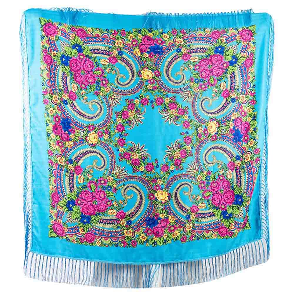 D' Daniela - Traditional Print Shawl - M - Light Blue W/ Pink