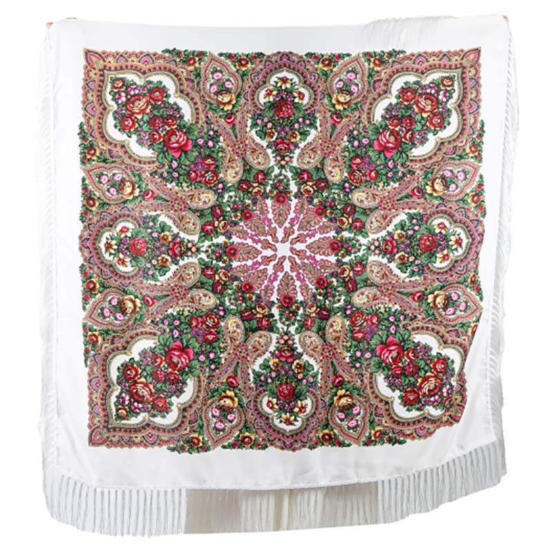 D' Daniela - Traditional Print Shawl - M - White W/ Red Flowers