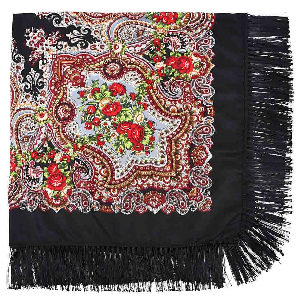 D' Daniela - Traditional Print Shawl - L - Black W/ Red Flowers