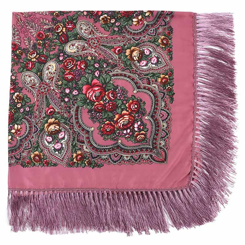 D' Daniela - Traditional Print Shawl - L - Pink W/ Red Flowers