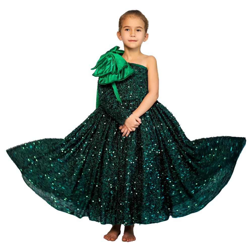 Ddaniela - Heavy Sequins Side Bow Party Dress Girls - Green