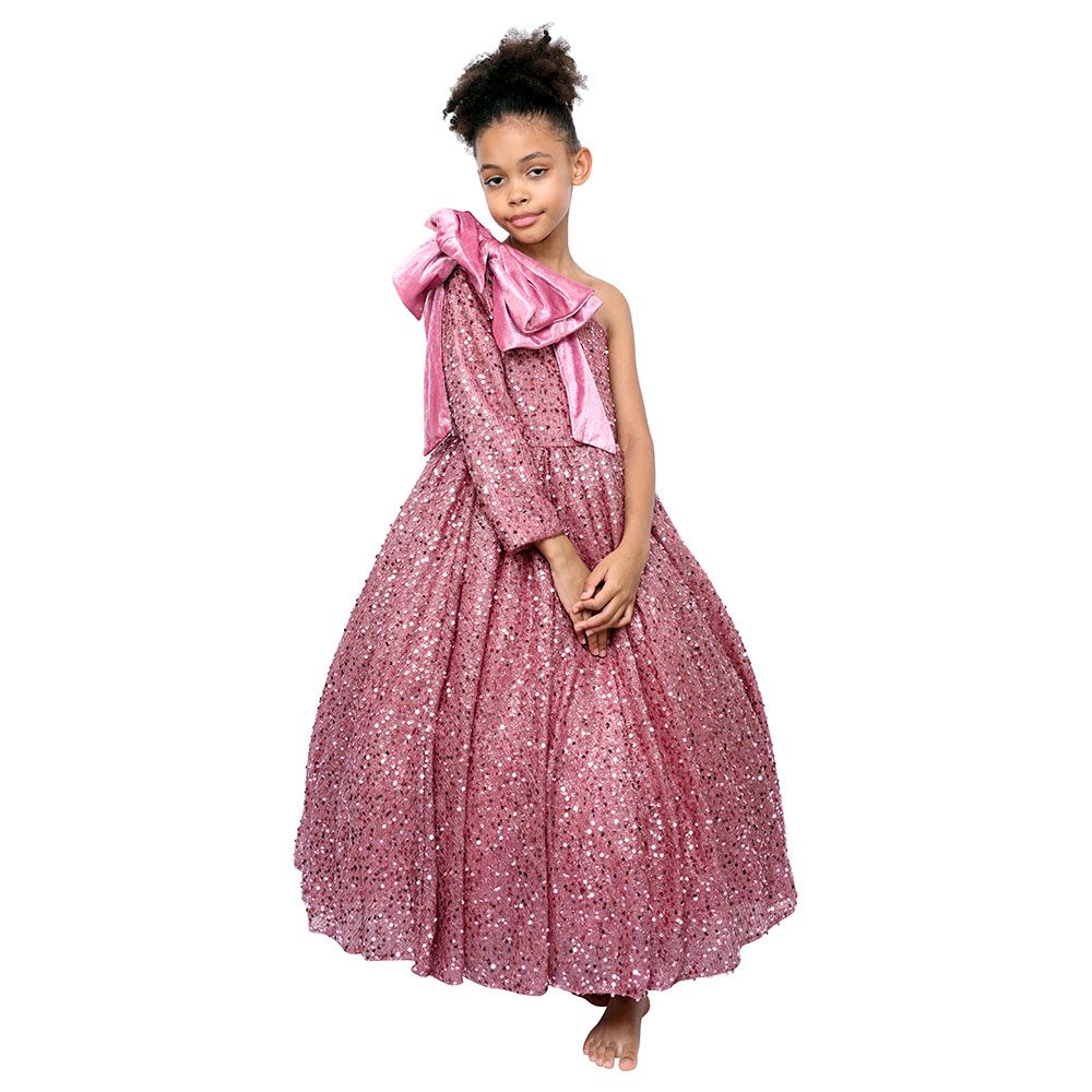 D' Daniela - Girls Heavy Sequins Side Bow Party Dress - Pink