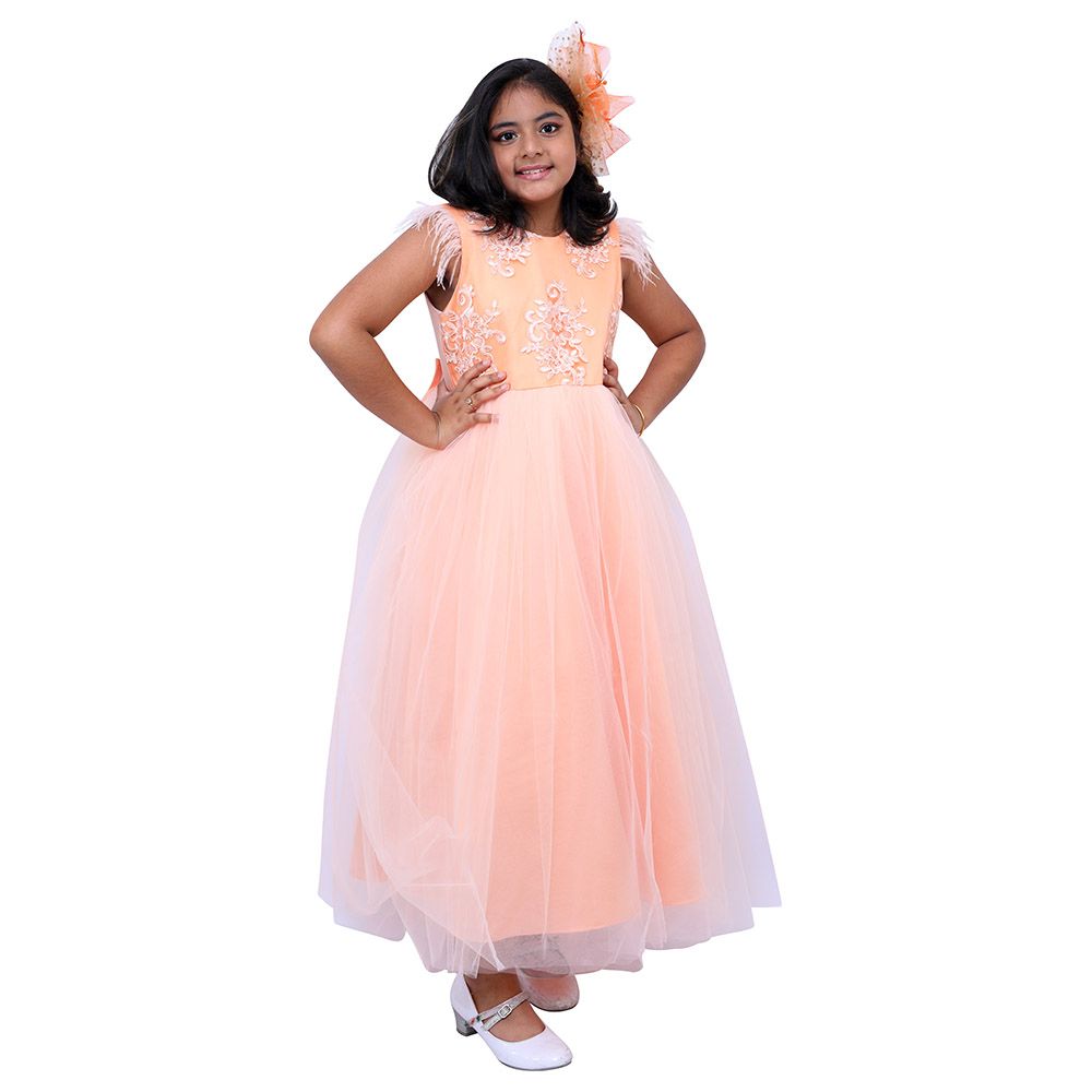 D' Daniela - Long Party Dress w/ Patterns - Peach 12-13Y