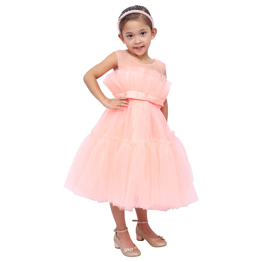 D' Daniela - Girls Bow Front Ruffle Hem Mesh Dress - Peach 