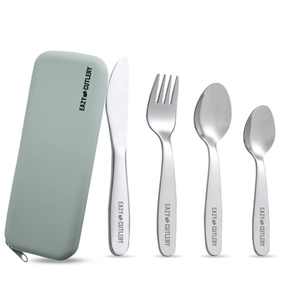 Eazy Kids - Stainless Steel Cutlery With Silicone Pouch - Grey - 4pcs