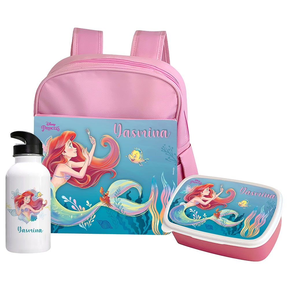 Essmak - Disney Little Mermaid Backpack w/ Lunch Box & Water Bottle- 12-Inch - Pink