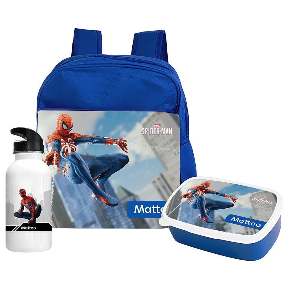 Essmak - Marvel Spiderman 2 Backpack w/ Lunch Box & Water Bottle- 12-Inch - Blue