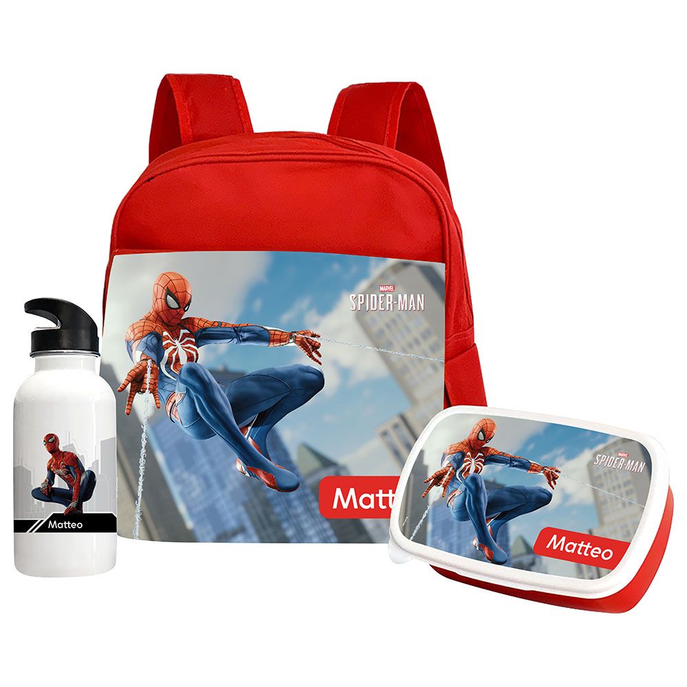 Essmak - Marvel Spiderman 2 Backpack w/ Lunch Box & Water Bottle- 12-Inch - Red