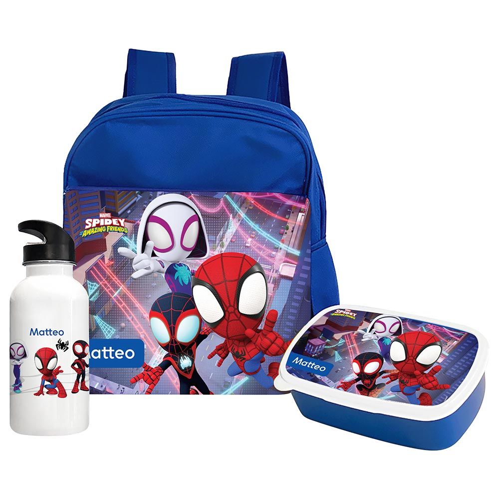 Essmak - Marvel Spidey Backpack w/ Lunch Box & Water Bottle- 12-Inch - Blue