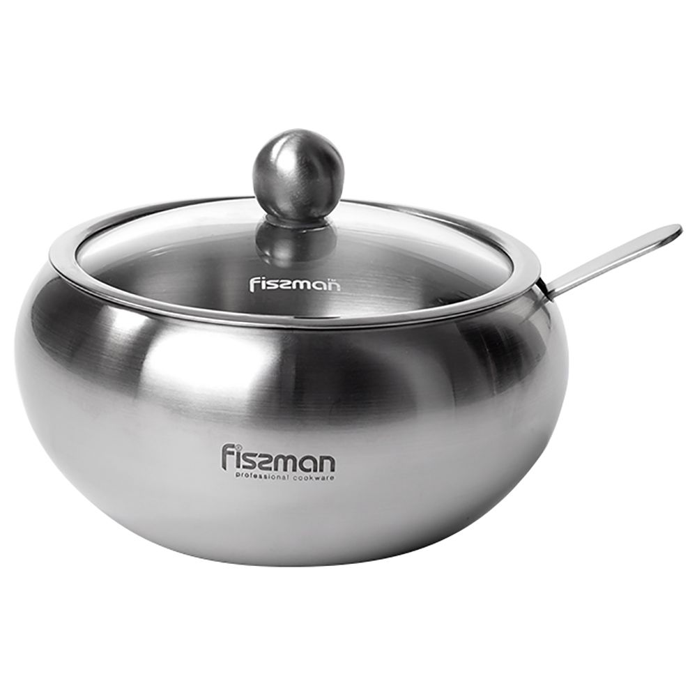 Fissman - Stainless Steel Sugar Bowl w/ Glass Lid & Spoon - 460ml 