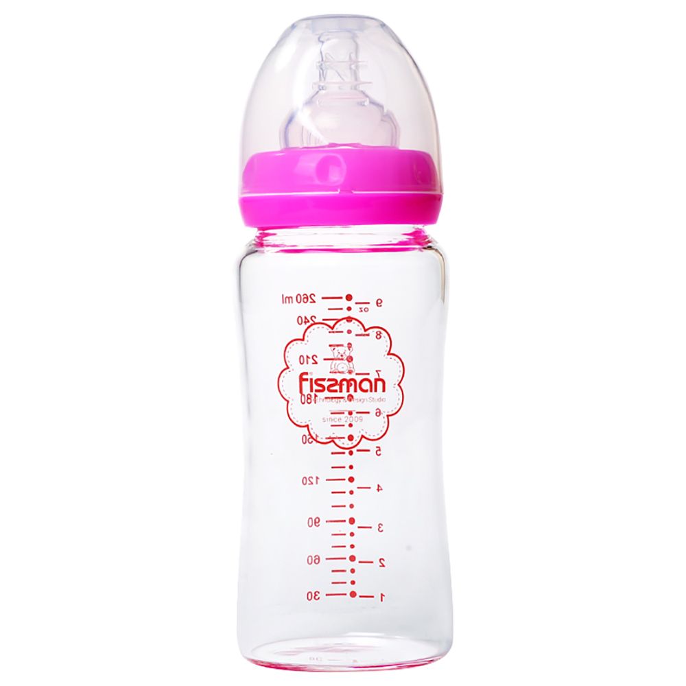 Fissman - Borosilicate Glass Feeding Bottle w/ Wide Neck - 260ml - Pink