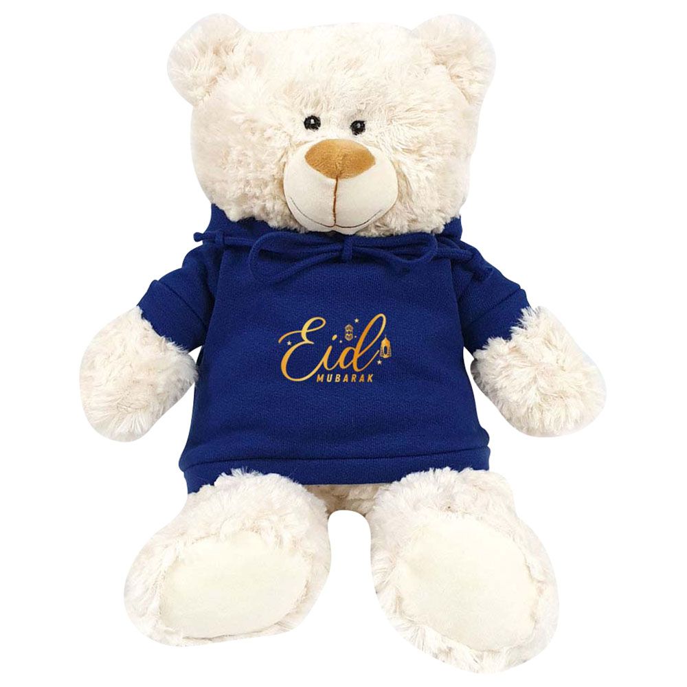 Fay Lawson - Cream Teddy With Print On Blue Hoodie - 38cm