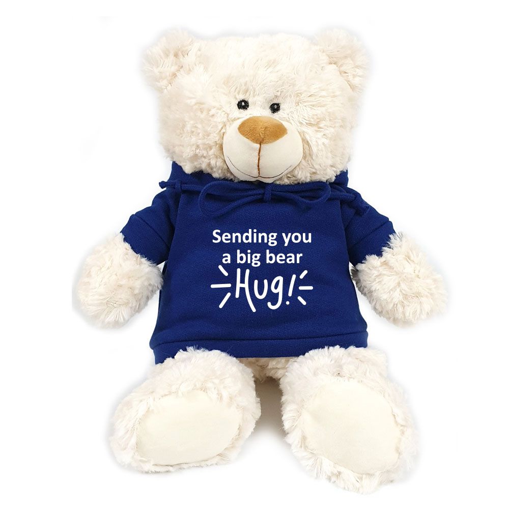 Fay Lawson - Bear with Print on Blue Hoodie 38cm - Cream