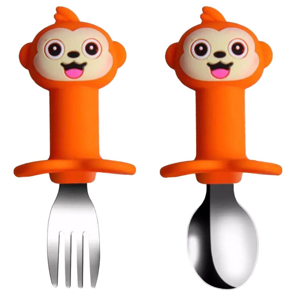 Brain Giggles - Short Handle Fork/Spoon Set Monkey - Orange