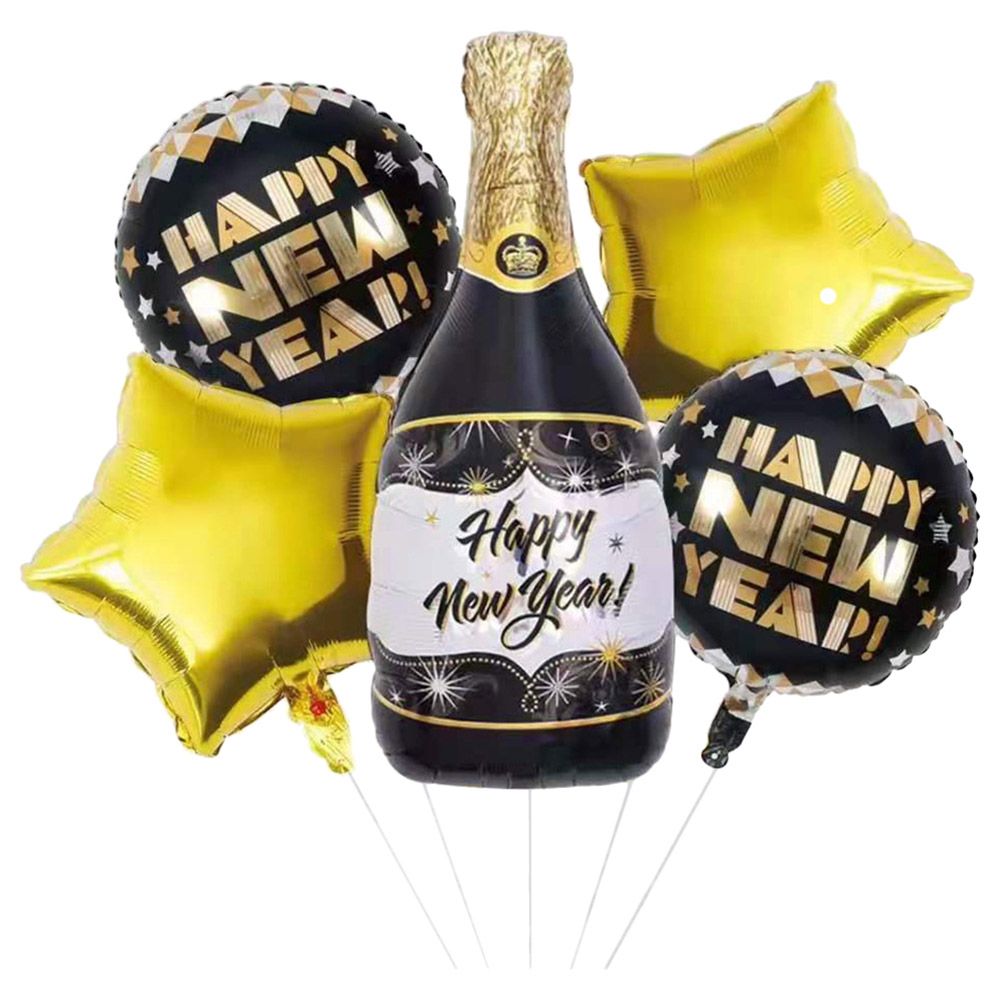 Party Propz - New Year Foil Balloon - Pack of 5 - Black/Gold