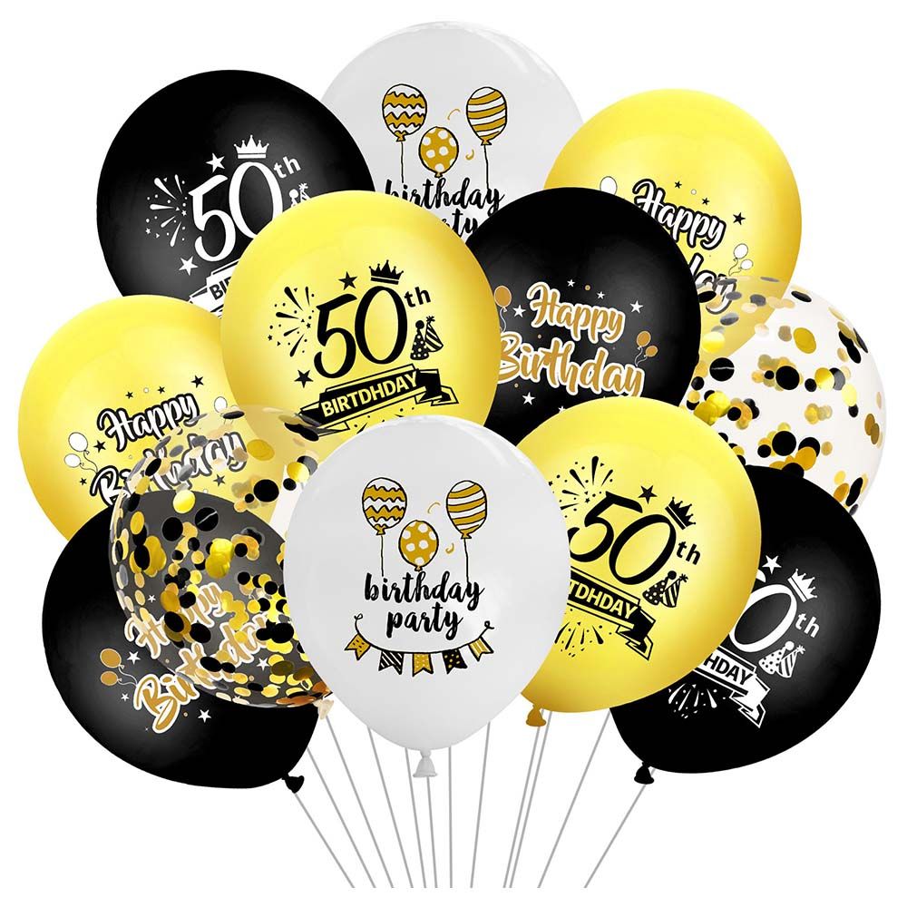 Brain Giggles - 50th Birthday Balloons Combo - 12pcs - Black & Gold