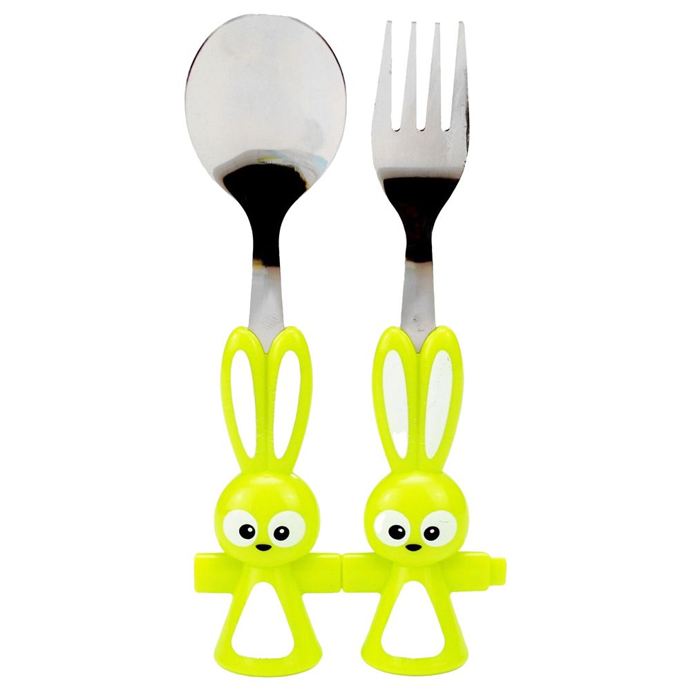 Brain Giggles - Bunny Shaped Stainless Steel Fork & Spoon Set - Green