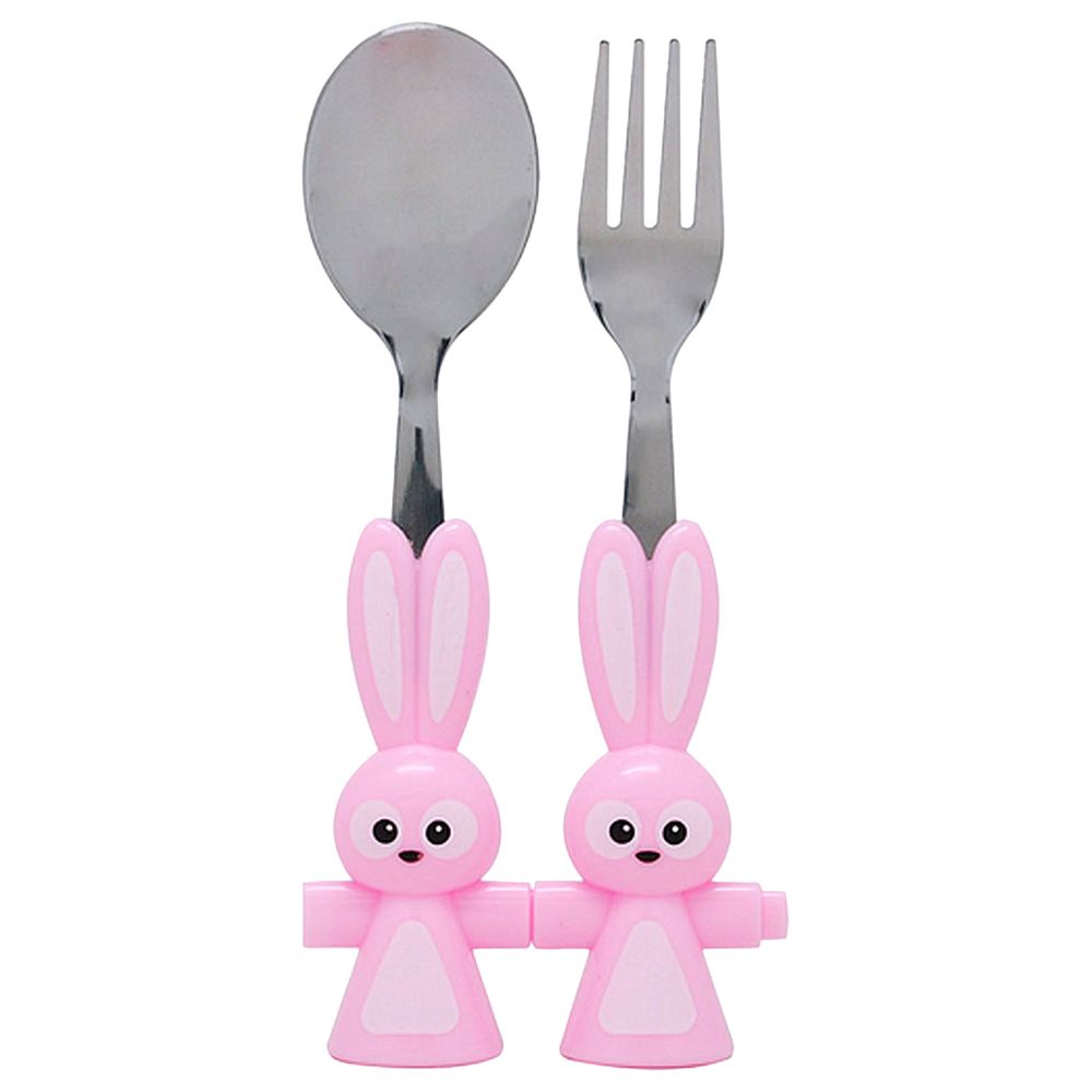 Brain Giggles - Bunny Shaped Stainless Steel Fork & Spoon Set - Pink