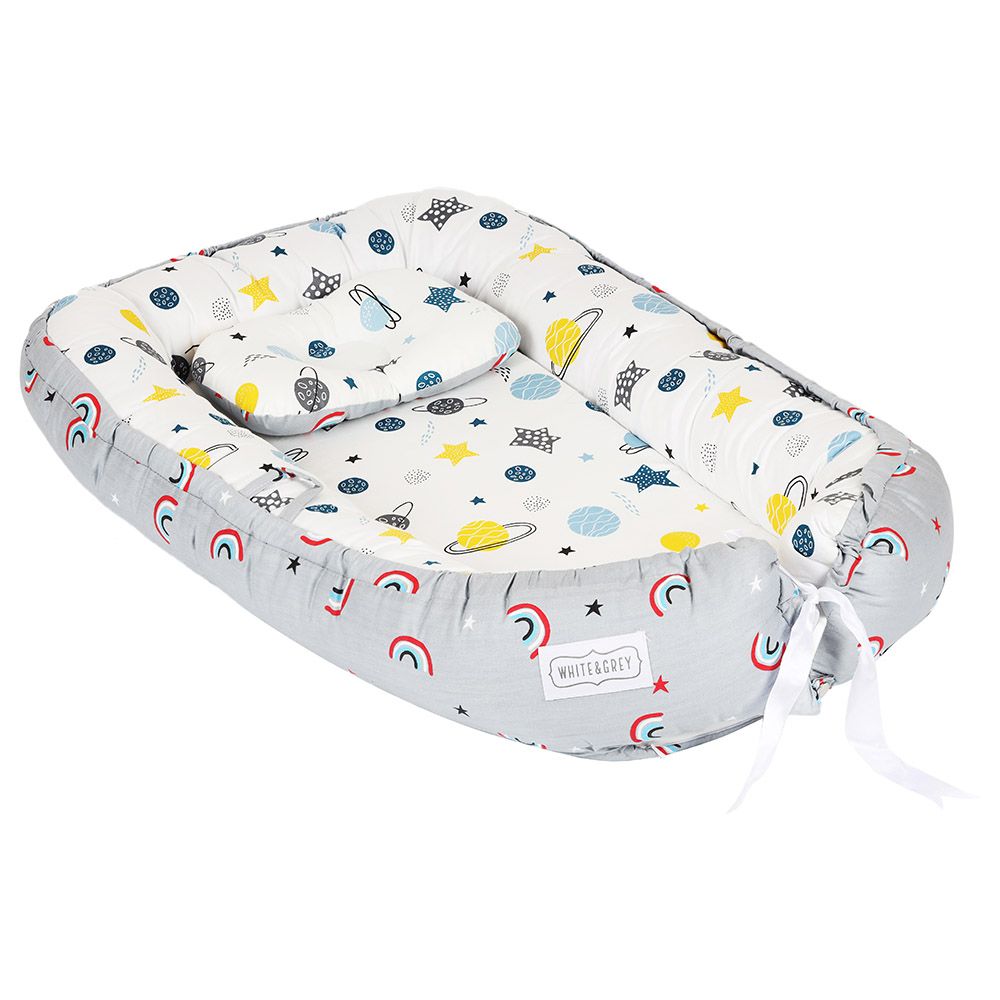 White&Grey - Baby Nest With Pillow - Rainbow/Planet