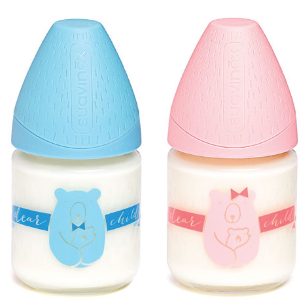 Suavinex - Glass Feeding Bottle 120ml With 3P Round Teat S +0m Bear 1pc