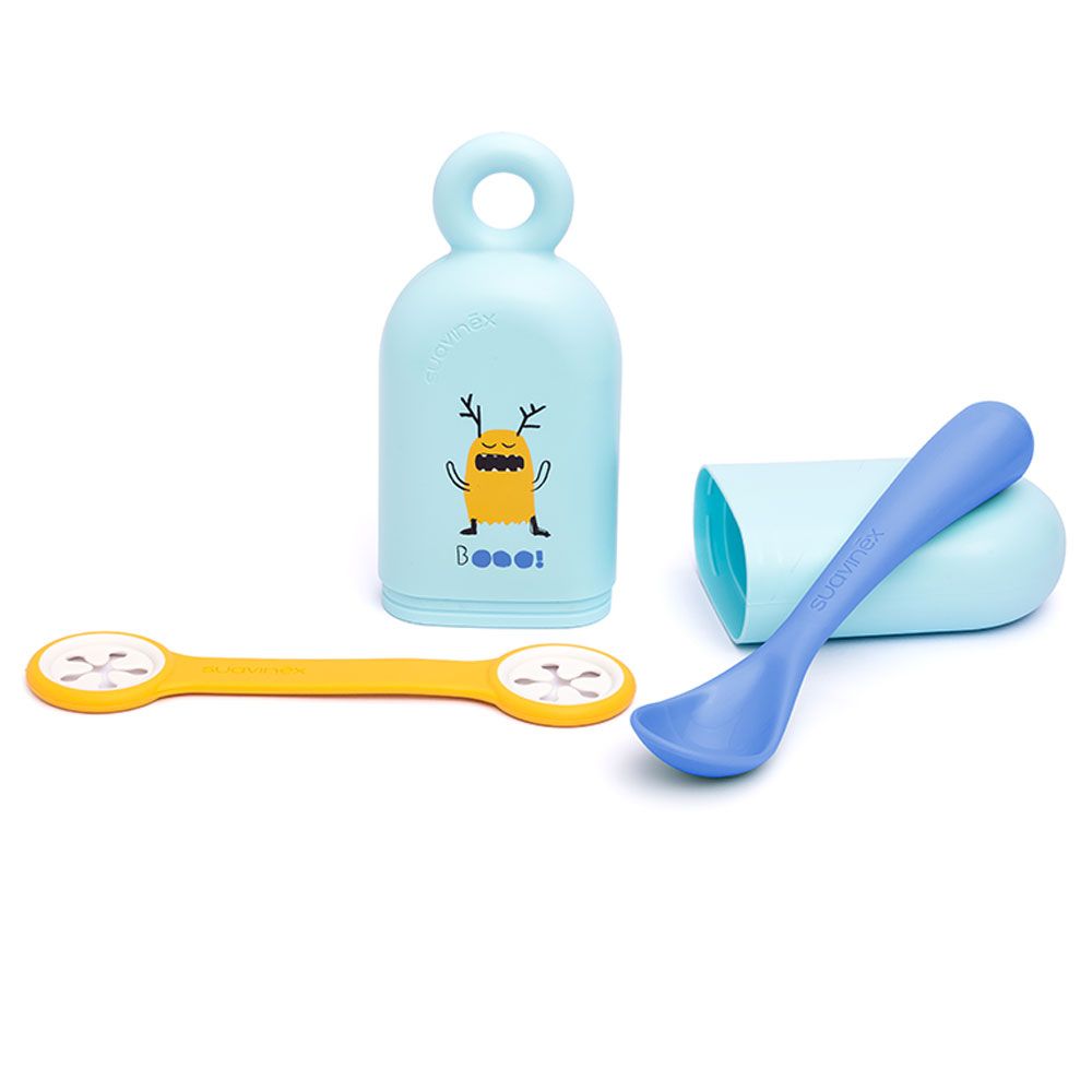 Suavinex - Booo Set On the Go Holder Spoon & Bib Clip - Blue