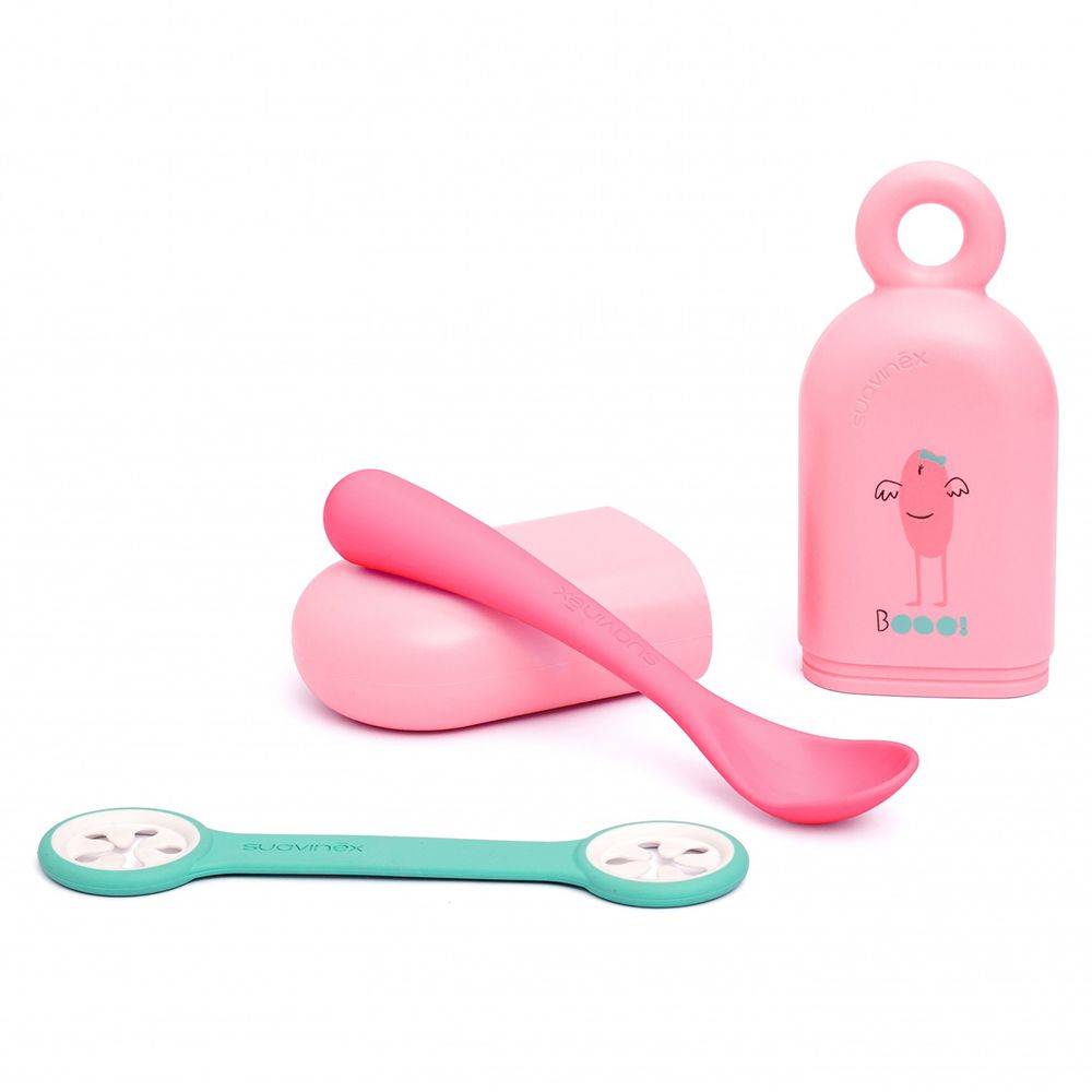 Suavinex - Booo Set On the Go Holder Spoon & Bib Clip - Pink