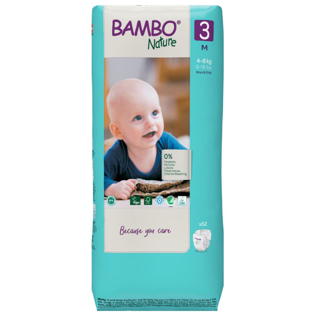 Bambo Nature - Eco-Friendly Diapers, Size 3, 4-8kg 52 Count