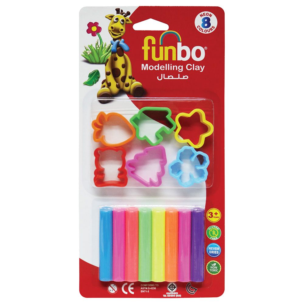 Funbo - Modelling Clay 8 Neon Colours + 6 Moulds 100g 