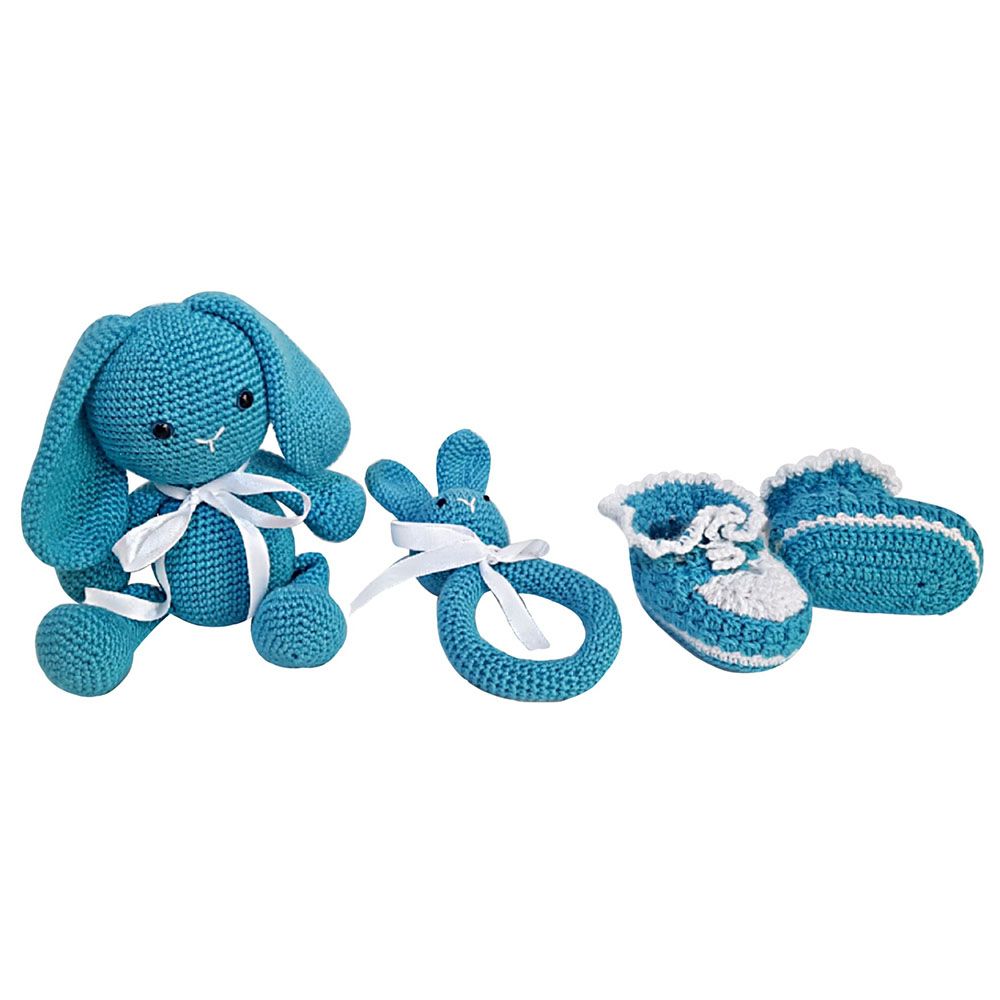 Pikkaboo Snuggle & Play Soft Crocheted Bunny Set Blue/White