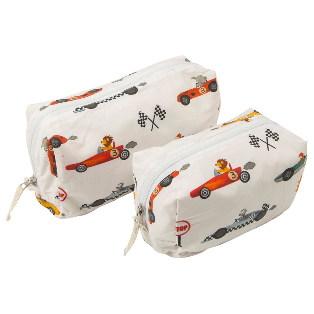 Little West Street - Racing Cars Travel Pouch-2pc-Set White