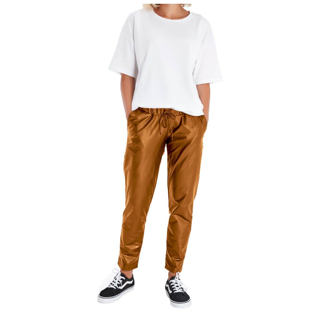 Accouchee - Comfy Cool Leather Look Jogger Pants - Toffee